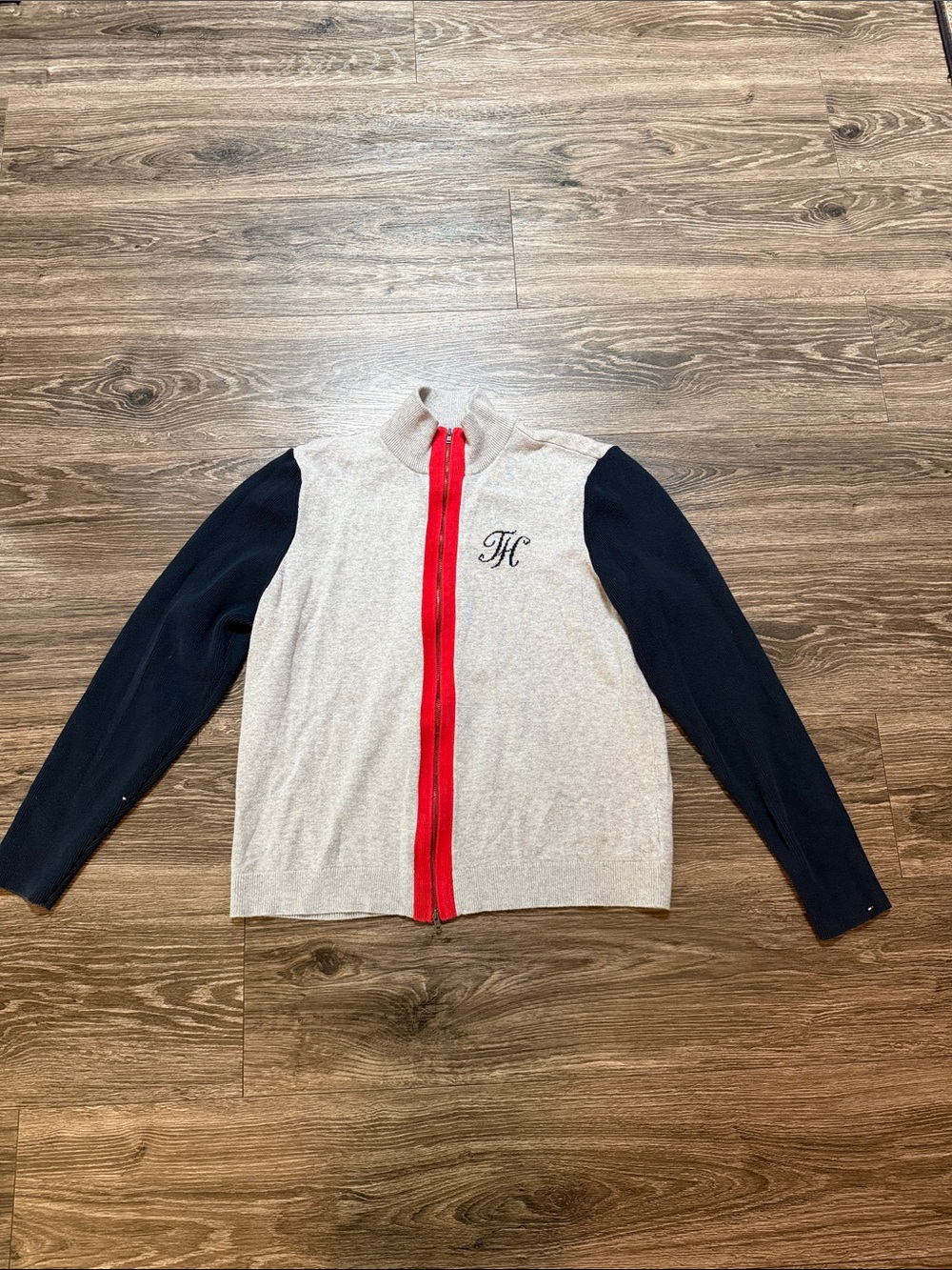 Tommy Hilfiger Cream Zip-Up Sweater with Navy Sleeves and Red Trim